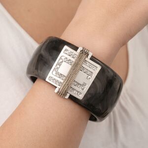 Chunky Gray Marble Lucite Bangle Bracelet Rhinestone Silver Tone Centerpiece